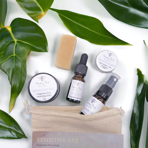 Fragrance-free skincare kit featuring raw Welsh honey and beeswax products for sensitive skin.