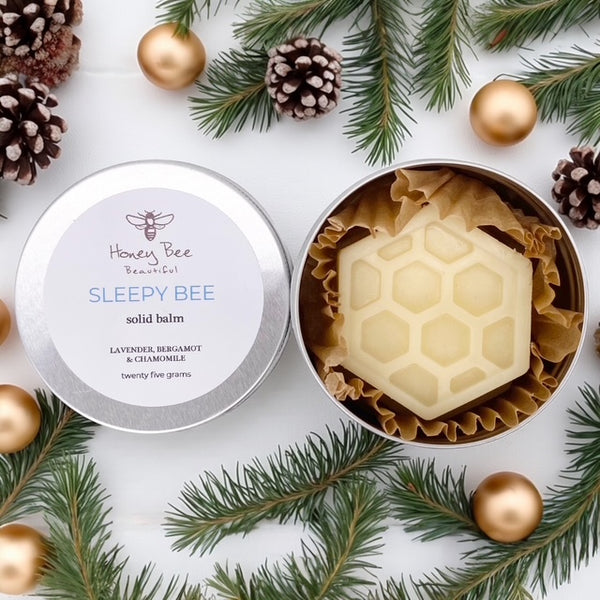 A rich raw honey and beeswax balm in a handy aluminium tin with lavender and chamomile to promote restful sleep as a multipurpose moisturisers for very dry or sensitive menopausal skin, soothing and protective with natural ingredients.