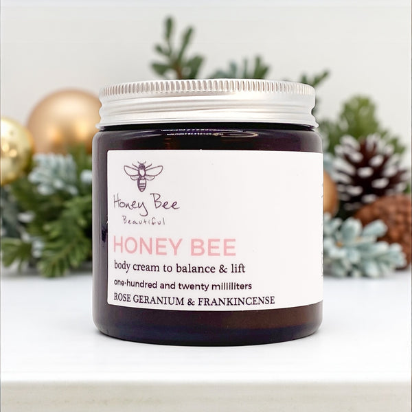 Luxurious raw honey and beeswax body cream in eco glass jar deeply nourishing formula that restores elasticity and comfort to mature, dry or menopausal skin.