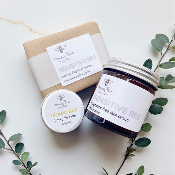 Complete fragrance free skincare set with raw Welsh honey and beeswax, tailored for sensitive and dry skin.