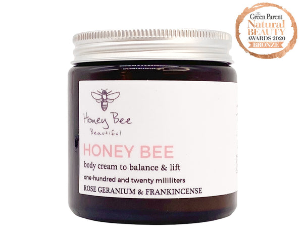 Luxurious raw honey and beeswax body cream in eco glass jar deeply nourishing formula that restores elasticity and comfort to mature, dry or menopausal skin.”