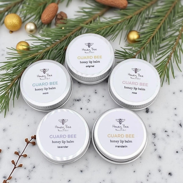 Nourishing lip balm Christmas selection gift box with raw Welsh honey and beeswax, perfect for dry and sensitive lips and for gifting this festive season.