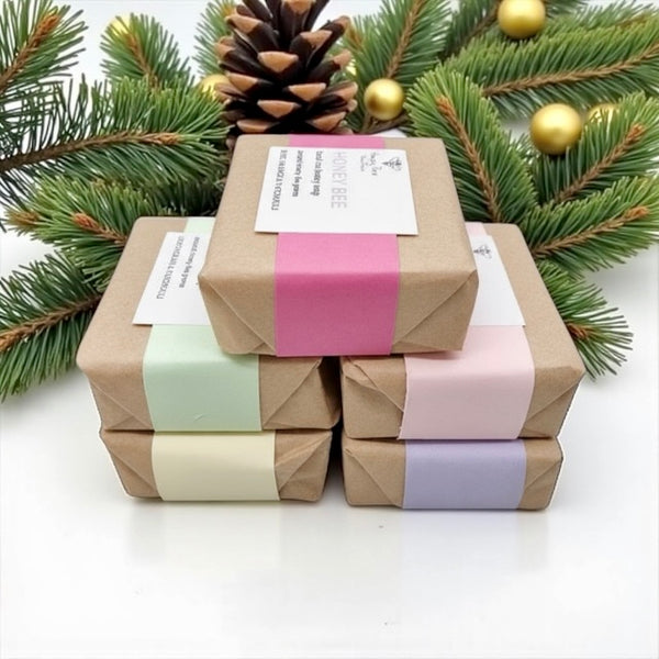 Gift box of natural honey soaps in assorted scents  gentle cleansing bars ideal for sensitive or menopausal skin, beautifully wrapped for gifting.