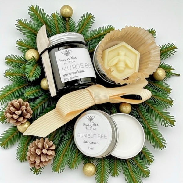 Hydrating raw honey skincare trio including soothing balms and face cream perfect for women over 40 with dry, dry or hormonal skin needing deep moisture and glow.