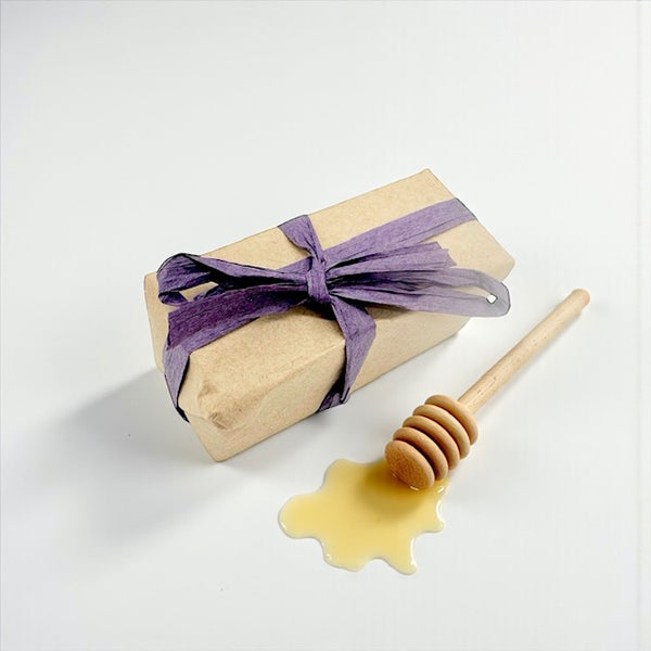 Mini soothing raw honey soap infused with lavender and lime, beeswax and plant oils, calm, hydrating cleanse for mature or sensitive skin.