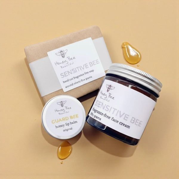Complete fragrance free skincare set with raw Welsh honey and beeswax, tailored for sensitive and dry skin.