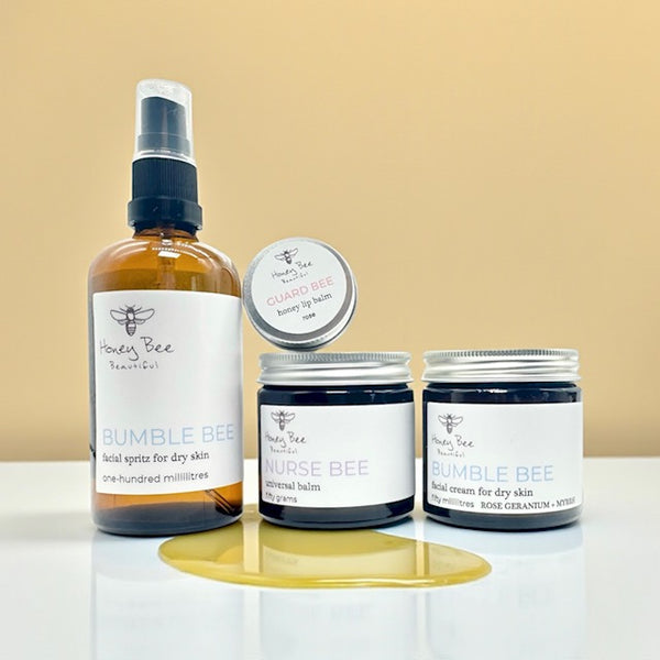 Set of raw honey skincare products including face cream, hand cream, and lip balm - especially formulated to nourish, protect, and soothe dry, sensitive menopausal skin, restoring moisture and comfort.
